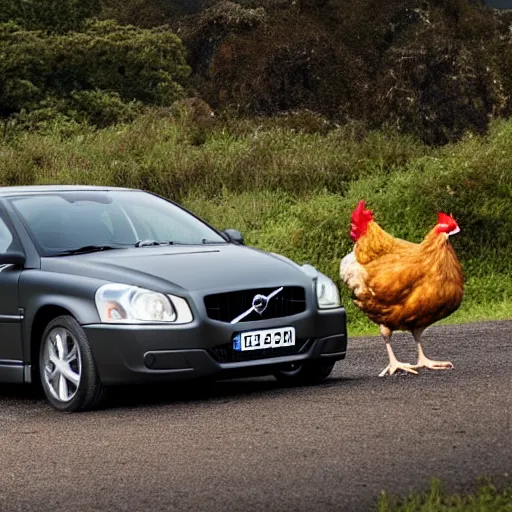 Prompt: volvo s40 with a chicken riding on its roof