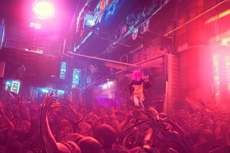 Image similar to 3 d render of a punk at a japanese metal concert in a cyberpunk world, made using maya and arnold, bright neon colors, intricate details, complementary colors, detailed face, backlighting, octane render, depth of field, extremely detailed, trending in artstation, focus on face, sharp focus, radiant light, raytraced, ray tracing, 8 k, beautiful composition