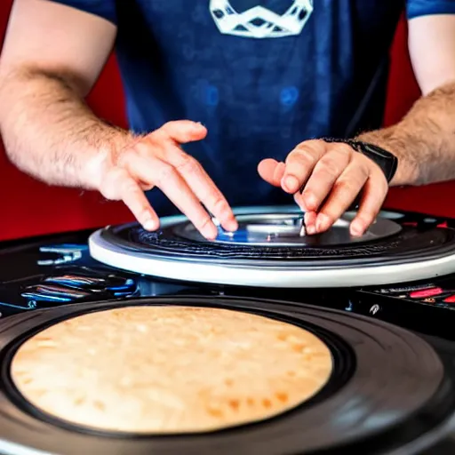 Prompt: a disc jockey is scratching with his hand on an Israeli pita bread on a turntable, wide shot