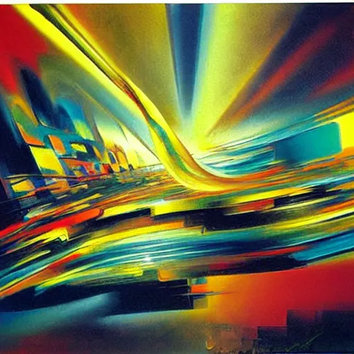 Image similar to abstract art representing momentum, oil painting by john berkey and gabriel dawe, masterwork