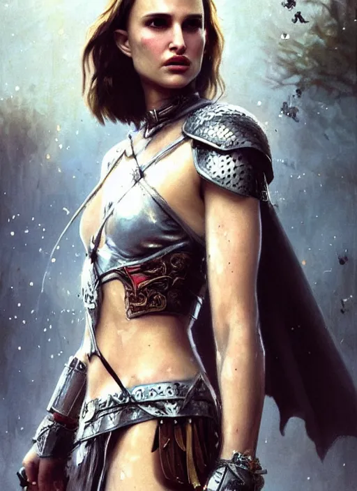 Image similar to young natalie portman, legendary warrior, fighter, lord of the rings, tattoos, decorative ornaments, battle armor, carl spitzweg, ismail inceoglu, vdragan bibin, hans thoma, greg rutkowski, alexandros pyromallis, cute, perfect face, detailed, sharply focused, centered, rule of thirds, photorealistic shading