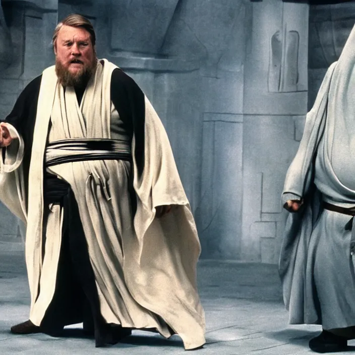 Image similar to obi wan kenobi but obese!!, photoralistic rendering, movie still, screenshot, hyperdetailed