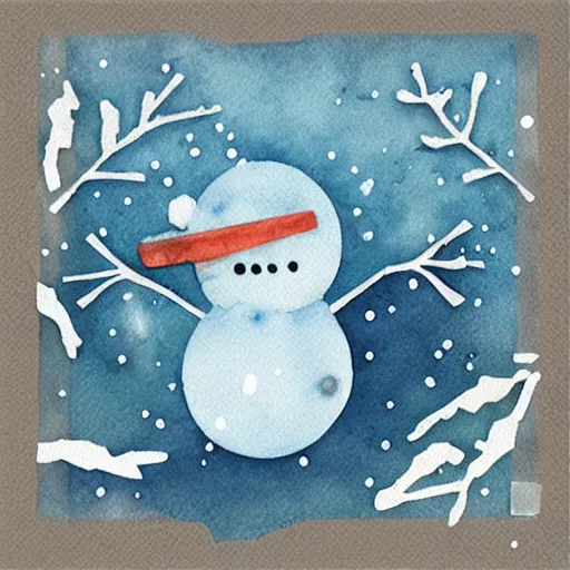 Image similar to mixed media winter icon collage illustration in soft watercolor style, ice blue cold hues