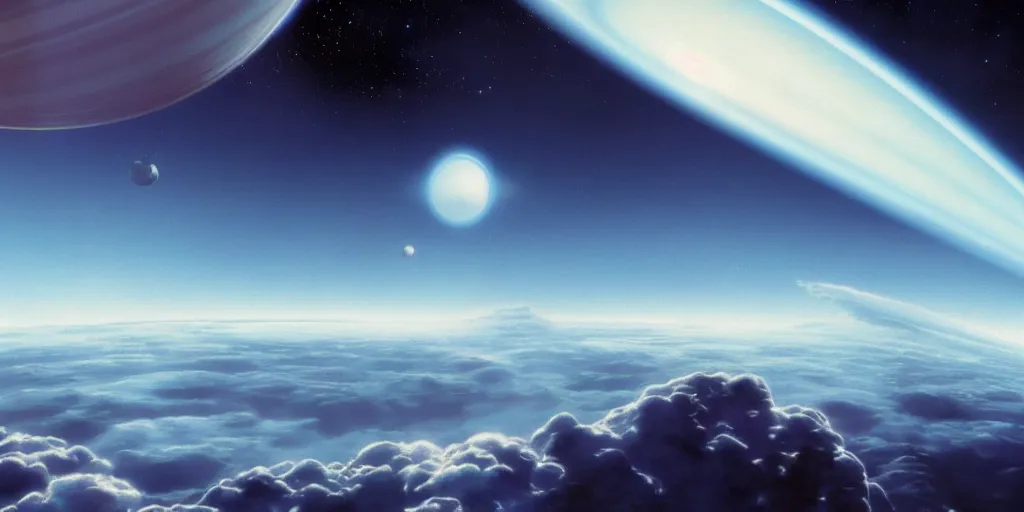 Image similar to blue dreamy cloudscape with a single planet in the clouds, ringed planet, daylight, cinematic lighting, cinematic perspective, syd mead, john harris, federico pelat,