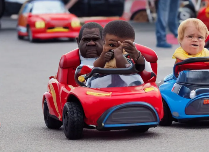 Image similar to peter dinklage racing gary coleman driving a little tikes cars, movie still, from the new fast and furious movie, 8 k, realistic