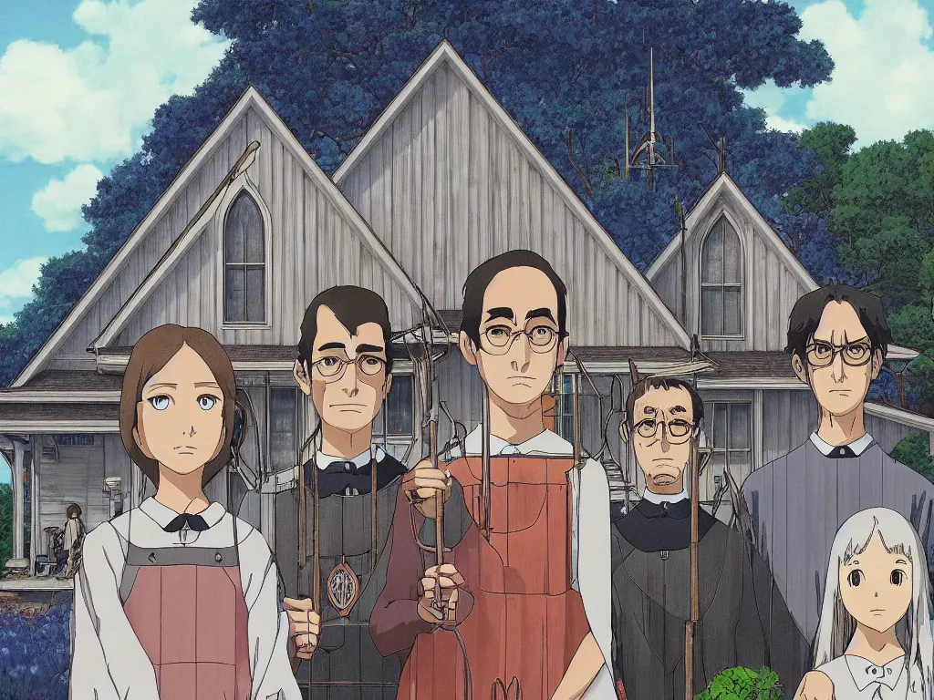 Image similar to american gothic in detailed studio ghibli anime style