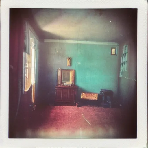 Image similar to coloured atmospheric polaroid photo of a old living room interior with transparent ghosty banshee corpse body floating