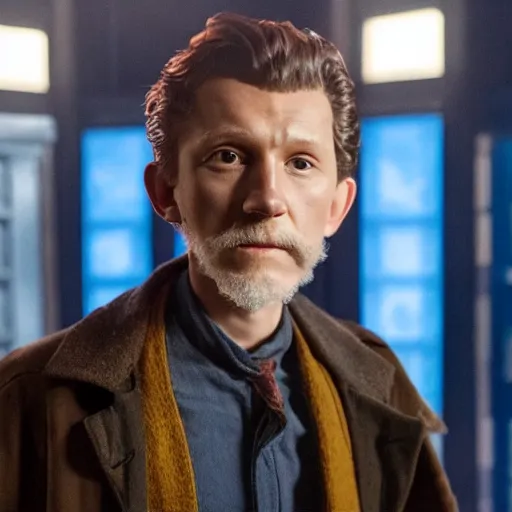 Image similar to tom holland as a rough dirty old man with a scruffy beard in a dark blue trenchcoat as the new doctor who, cinematic, volumetric lighting, f 8 aperture, cinematic eastman 5 3 8 4 film, photorealistic