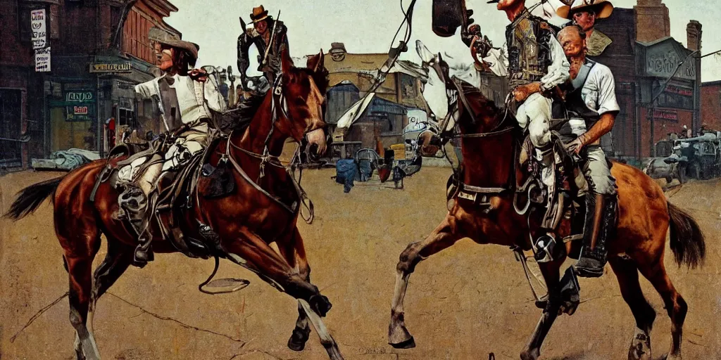 Image similar to Cyborg riding a horse in the wild west street. Norman Rockwell style. Ultra-high details.