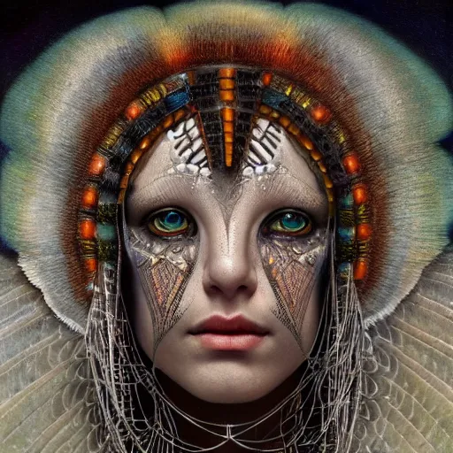 Image similar to beautiful closeup portrait of an art deco shaman, glowing eyes. reflective detailed textures, moth wings, highly detailed dark fantasy science fiction painting by tom bagshaw and michael whelan and diego rivera and annie swynnerton and jean delville, elaborate geometric ornament, ancient runes, silver and cool colors. artstation