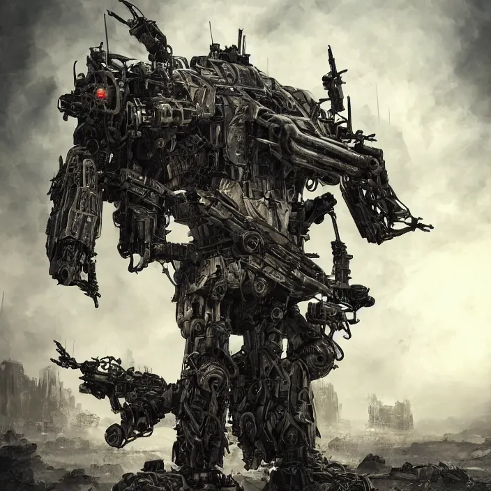 Image similar to apocalyptic man attached to machine weaponry mech, hyper - detailed, smooth, sharp focus, 4 k ultra hd, fantasy dark art, apocalyptic art