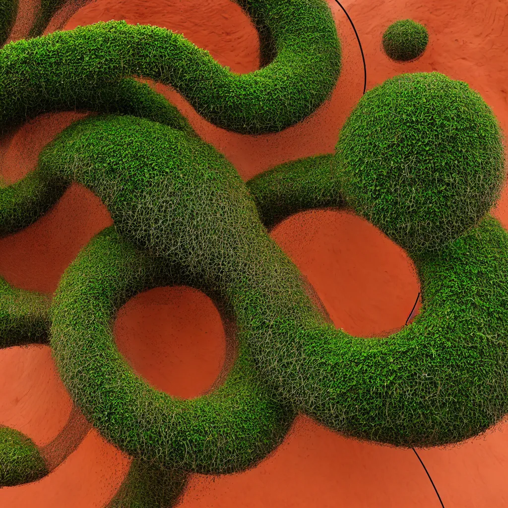 Image similar to torus shaped electrostatic water condensation collector tower, irrigation system in the background, vertical gardens, in the middle of the red clay desert, XF IQ4, 150MP, 50mm, F1.4, ISO 200, 1/160s, natural light