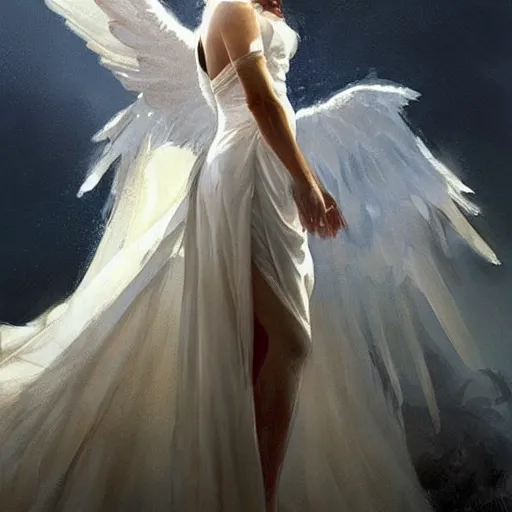 Image similar to Painting by Greg Rutkowski, an opera singer in a white dress with wings on stage