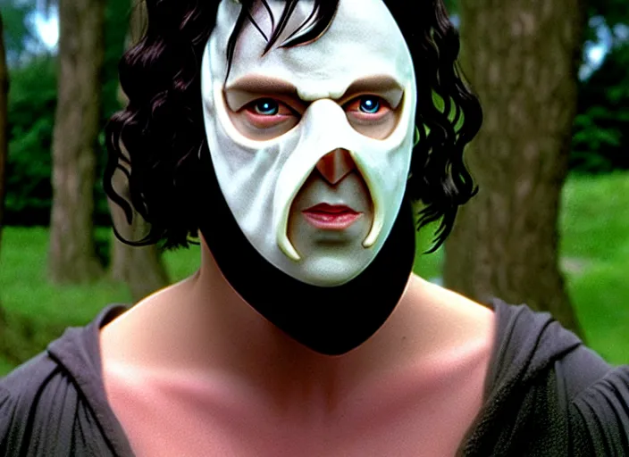 Image similar to white man with black fabric mask, short dark hair, true anatomy!, photorealistic, film still, style of lord of the ring by peter jackson - h 7 6 8