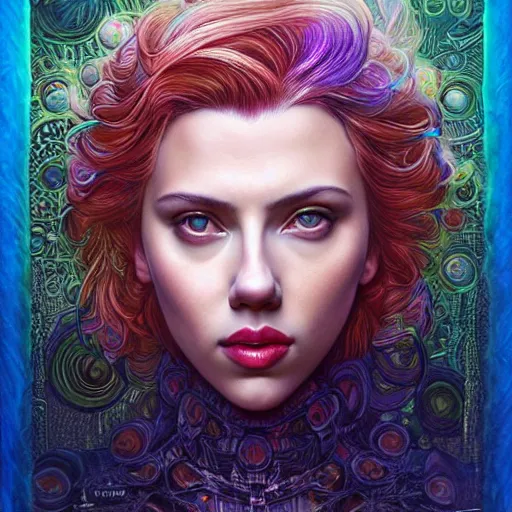 Image similar to portrait of scarlett johansson, hyper detailed masterpiece, neon floral pattern, jean giraud, digital art painting, darkwave goth aesthetic, psychedelic, artgerm, donato giancola and tom bagshaw