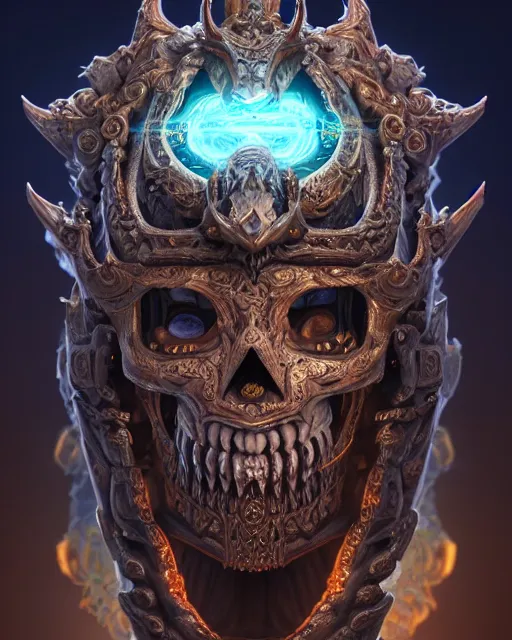 Image similar to 3 d ornate carved lich king with tattoos profile portrait, sigma 5 0 0 mm f / 5. beautiful intricate highly detailed quetzalcoatl skull. bioluminescent, plasma, lava, ice, water, wind, creature, thunderstorm! artwork by tooth wu and wlop and beeple and greg rutkowski, 8 k trending on artstation