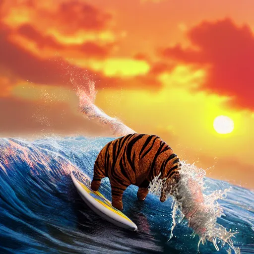 Image similar to a closeup photorealistic photograph of a cute smiling knitted tiger hippopotamus riding an epic wave at sunset. surf in the background. professional capture. brightly lit scene. this 4 k hd image is trending on artstation, featured on behance, well - rendered, extra crisp, features intricate detail, epic composition and the style of unreal engine.