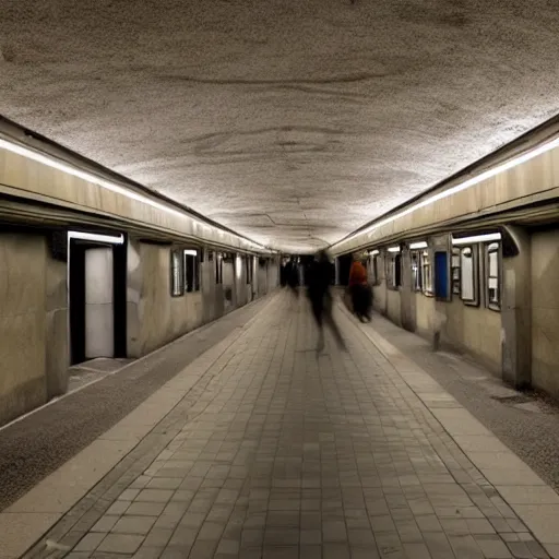 Prompt: A creepy liminal subway station at night