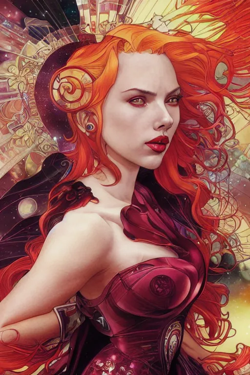 Image similar to celestial scarlett johansson, by artgerm and yoshitaka amano and moebius and alphonse mucha, hyperdetailed, dc comics, ornate, nebula, explosions in the sky, trending on artstation