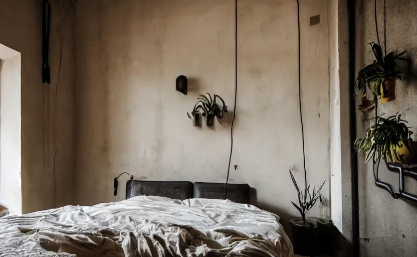 Prompt: saudi arabian bedroom interior, minimalism, punk, bed, neon, modernism, persian design, beige, black, wood, industrial, pipes, rust, little windows, plants, retro futurism, swedish design