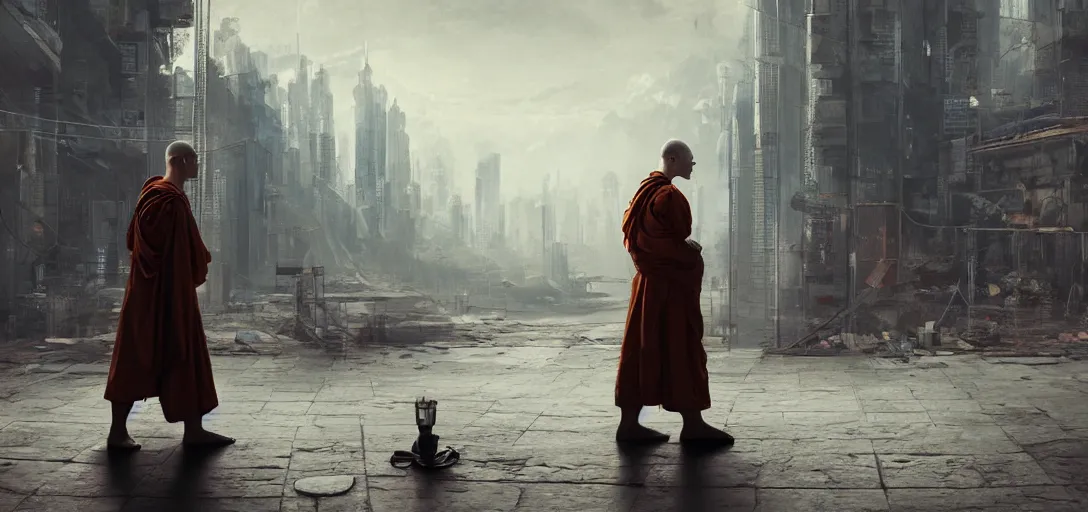 Prompt: 1 monk meditating in a cyberpunk world with people walking around wearing vr headset by eugene von guerard, ivan shishkin, concept art, center composition, trending on artstation