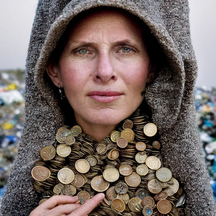 Image similar to closeup portrait of a woman wearing a cloak made of cold coins and wire, standing in a landfill of garbage and junk, by Annie Leibovitz and Steve McCurry, natural light, detailed face, CANON Eos C300, ƒ1.8, 35mm, 8K, medium-format print