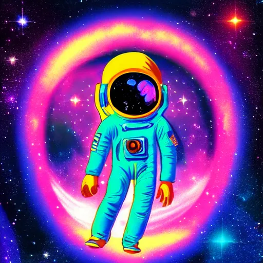 Image similar to Medium shot of an astronaut floating in space designed by Lisa Frank, digital art, cartoon art, acrylic, bokeh, synthwave, retro,