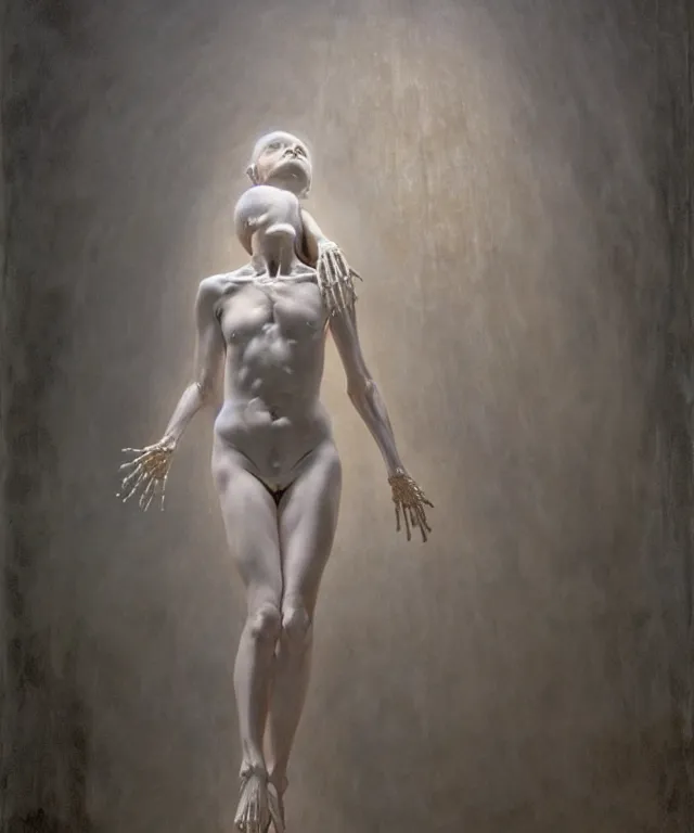 Image similar to Beautiful full-body wax sculpture of glowing transparent woman with visible bones covered with melted white candle wax inside the singularity where stars becoming baroque folds of dark matter by Michelangelo da Caravaggio, Nicola Samori, William Blake, Alex Grey and Beksinski, dramatic volumetric lighting, highly detailed oil painting, 8k, masterpiece