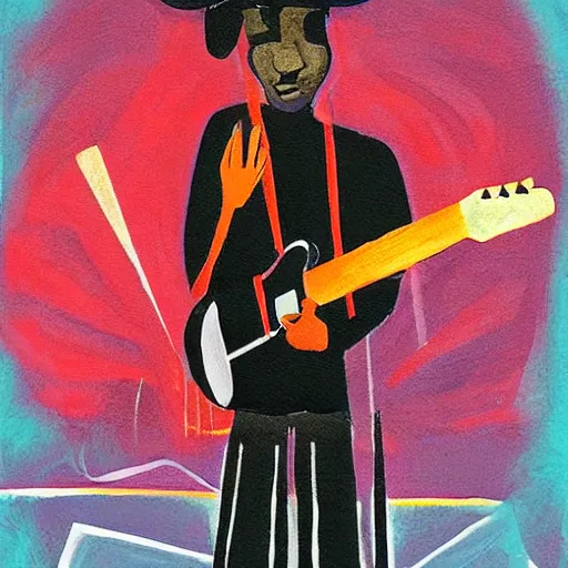 Prompt: a black candle man with long guitar, playing an electric guitar, art by 23 Envelope