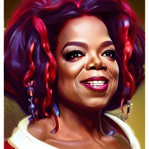 Prompt: Portrait of Oprah Winfrey as Harley Quinn, by artgerm and greg rutkowski and alphonse mucha and loish and WLOP, artstation, detailed, concept art, deviantart, colorful