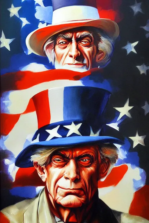 Prompt: expressive exaggerated portait painting of uncle sam, alex ross!!!, phil hale!!!!, visible brush strokes, graphic,'action lines '!!!!, striking, sharp, hd image