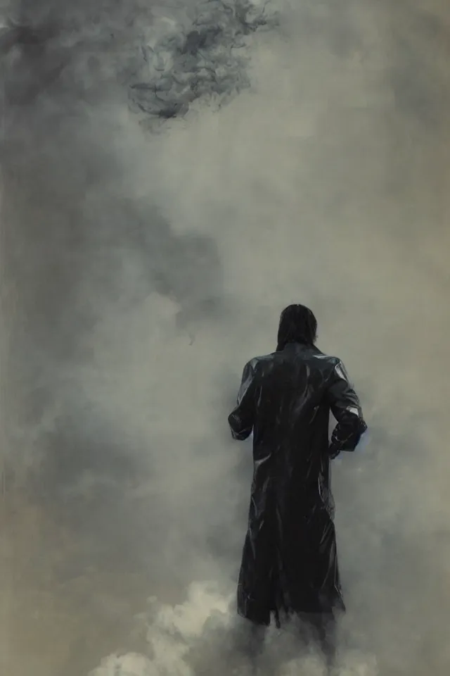 Prompt: painting of a man with pale skin and long-black hair, latex suit and raincoat, floating in smoke, in the style of ruan jia and yoshitaka amano