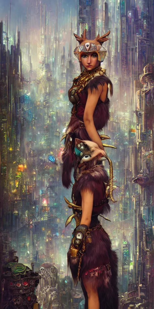 Image similar to hyper realistic Princess Mononoke in her mask, busy cyberpunk metropolis, city landscape, wolves, magic, castle, jewels, style of tom bagshaw, mucha, james gurney, norman rockwell, gems and gold, waterfalls, denoised, sharp