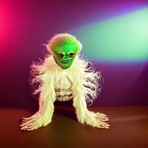 Image similar to an alien pet creature with weird features, looking inquisitively at the camera, studio lighting