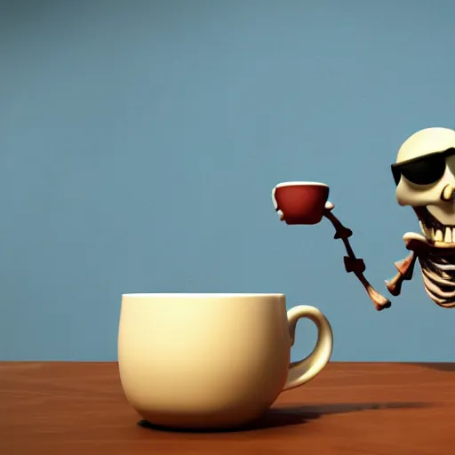 Prompt: 3d render pixar cartoon skeleton drinking a cup of coffee, hd octane render