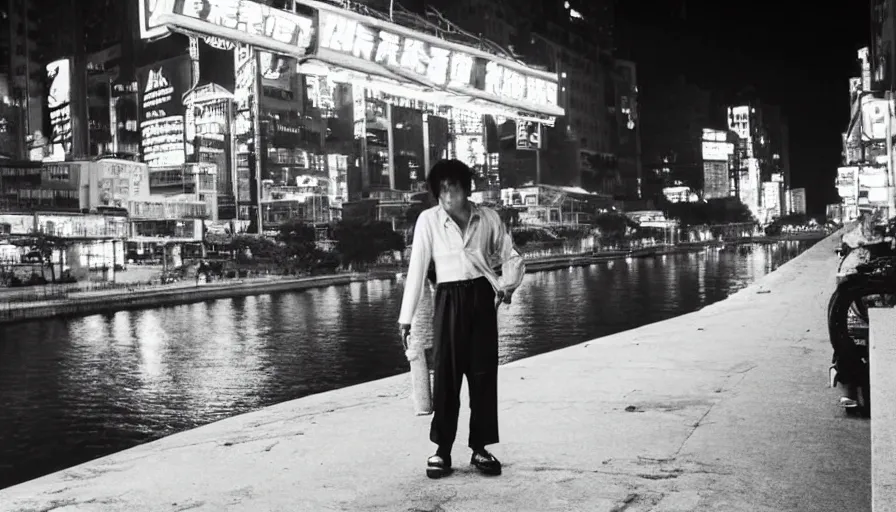 Image similar to 80s asian neon movie still with a man smoking cigarette by the river at night with lights city lights behind his back. Fallen angels still. hyperrealistic, high definition, medium format photography, highly detailed, tehnicolor