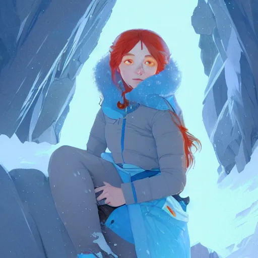 Image similar to portrait of madeline from celeste climbing a snowy mountain, light blue bubble jacket, orange long hair, highly detailed, digital painting, artstation, concept art, sharp focus, illustration, art by greg rutkowski and alphonse mucha