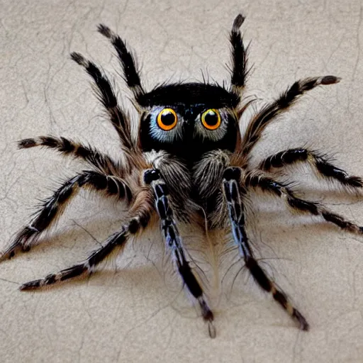 Image similar to jumping spider mixed with owl