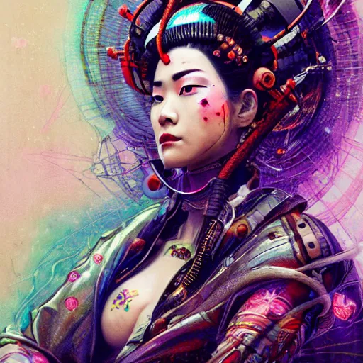 Prompt: cyberpunk geisha wearing mechnical clothes, in a lotus position, meditating, 8 k, by tristan eaton, stanley artgermm, tom bagshaw, greg rutkowski, carne griffiths, ayami kojima, beksinski, giger, trending on deviantart, hyper detailed, cybernetic, full of colour, brain