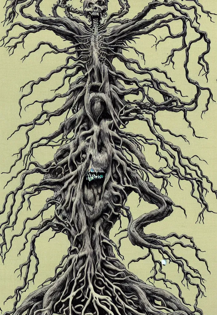 Image similar to prompt: anatomy dissection drawing of magical white skeleton Bonsai tree squid creature roots merging into big moon drawn by Takato Yamamoto, bonsai skeleton anatomy atlas, veins and organs attached to tree roots, alchemical objects inspired by 1980's sci-ci, intricate oil painting detail, manga 1980