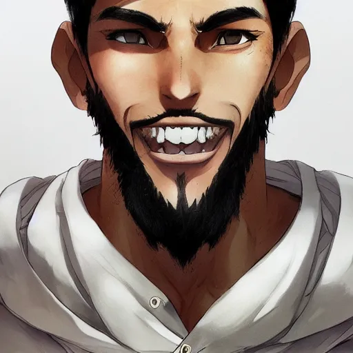 Image similar to An anime portrait of a happy man with buzzed wavy black hair, brown eyes, stubble, wearing a shirt, medium shot, whole head, by Stanley Artgerm Lau, WLOP, Rossdraws, James Jean, Andrei Riabovitchev, Marc Simonetti, and Sakimi chan, trending on artstation