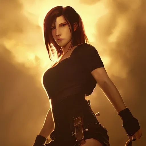 Image similar to charismatic seductive tifa lockhart portrait, atmospheric lighting, painted, intricate, volumetric lighting, beautiful, golden hour, sharp focus, ultra detailed, by leesha hannigan, ross tran, thierry doizon, kai carpenter, ignacio fernandez rios
