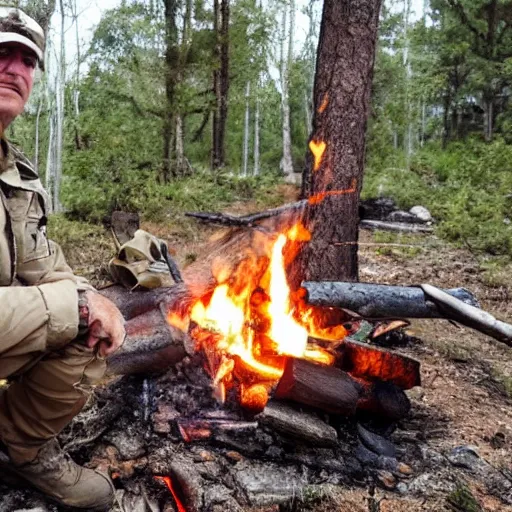 Prompt: veteran special operations officer living off the grid cooking at a campfire