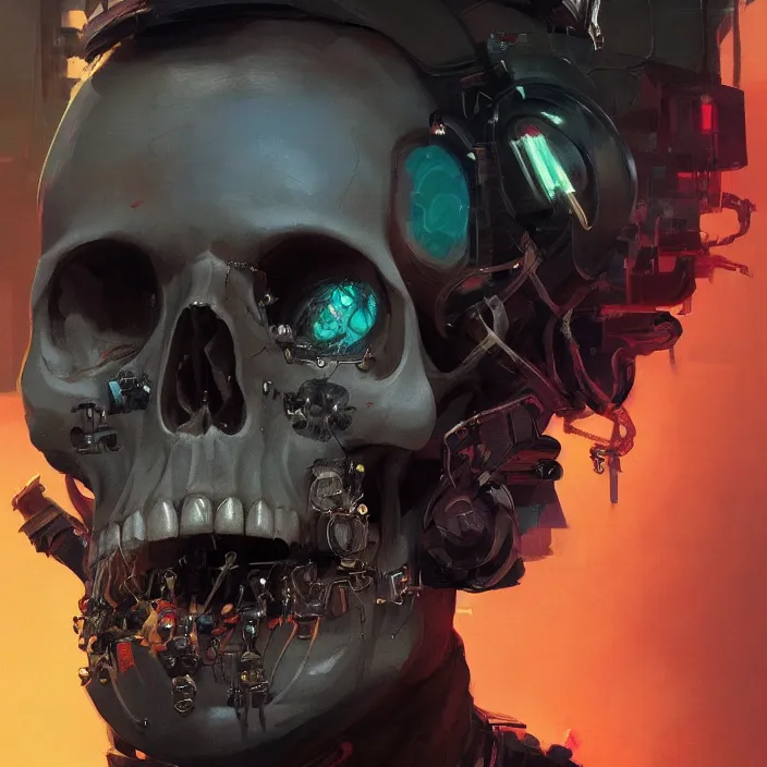 Prompt: a beautiful portrait painting of a cyberpunk skull by sergey kolesov and pascal blanche and sebastien plassard and greg rutkowski, in style of noir illustration. colorful comic, symmetry, hyper detailed. octanev render. trending on artstation