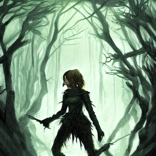 Image similar to emma watson as a goblin, dark forest, dnd art, fantasy art