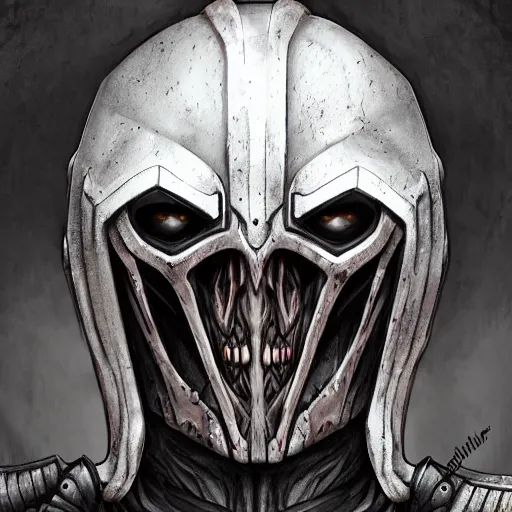 Image similar to grimdark blanchitsu helmet, terrifying, grimdark, photorealistic, closeup, symmetrical, artstation