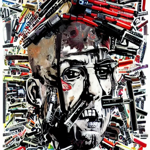 Prompt: Graphic Illustration of a man made out of Guns, Cyberpunk, Portrait, graffiti, by Ralph Steadman, Hunter S Thompson
