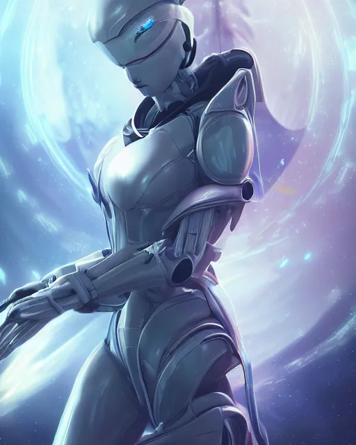 Image similar to perfect android girl on a mothership, warframe armor, beautiful face, scifi, futuristic, galaxy, nebula, raytracing, dreamy, long white hair, blue cyborg eyes, sharp focus, cinematic lighting, highly detailed, artstation, divine, by gauthier leblanc, kazuya takahashi, huifeng huang