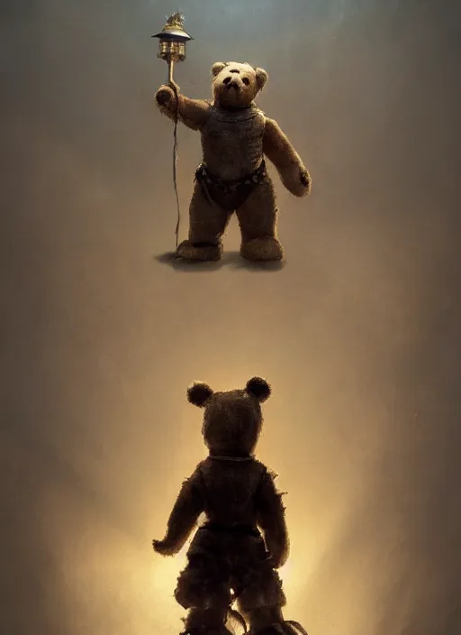 Prompt: a teddy bear dressed as a knight stands on a bed to scar away a nightmare that looms over a sleeping child, portrait, dramatic lighting, cinematic, establishing shot, extremly high detail, photo realistic, foto realistic, cinematic lighting, post processed, concept art, artstation, matte painting, style by eddie mendoza, raphael lacoste, alex ross