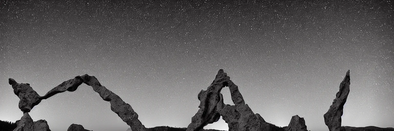 Image similar to to fathom hell or soar angelic, just take a pinch of psychedelic, medium format photograph of two colossal minimalistic necktie sculpture installations by antony gormley and anthony caro in yosemite national park, made from iron, marble, and limestone, granite peaks visible in the background, taken in the night